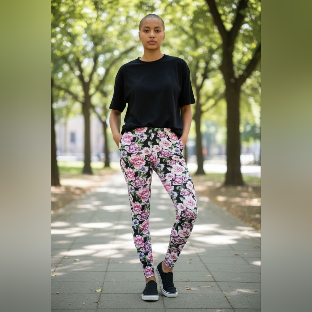 One Size Polyester Rose Pattern Spandex Leggings Inseam 26" ♡